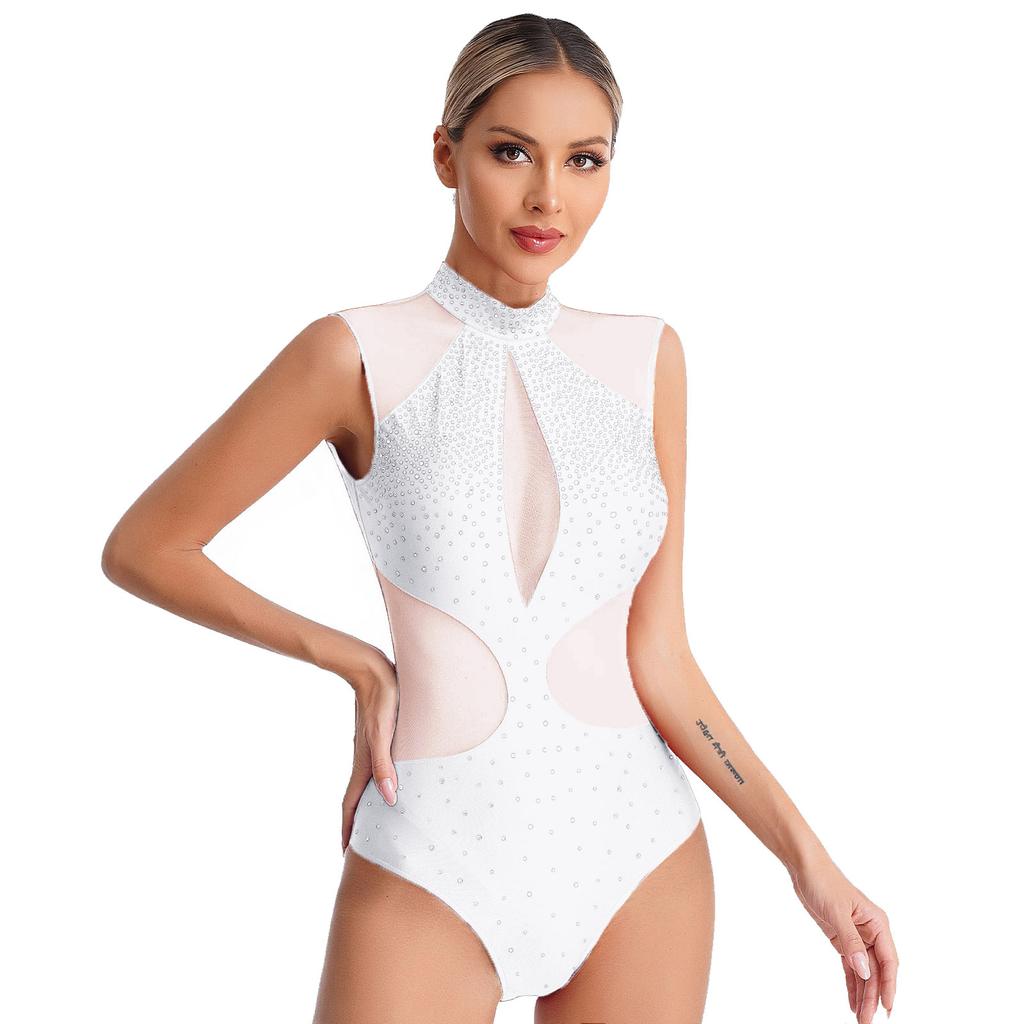 Womens Figure Skating Dance Leotard Sparkly Rhinestones Sheer Mesh Patchwork Sleeveless Cutout Back Bodysuit for Gymnastics