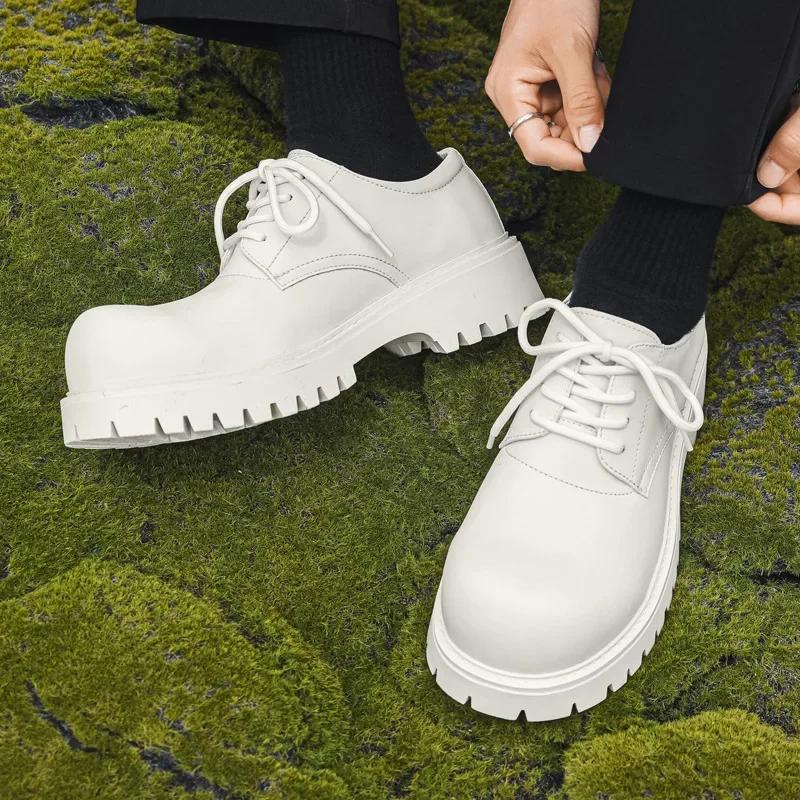 Повседневная обувь на толстой подошве из натуральной кожи, мужская, на платформе, увеличивающая рост, в стиле японского Харадзюку, корейской уличной моды, белая