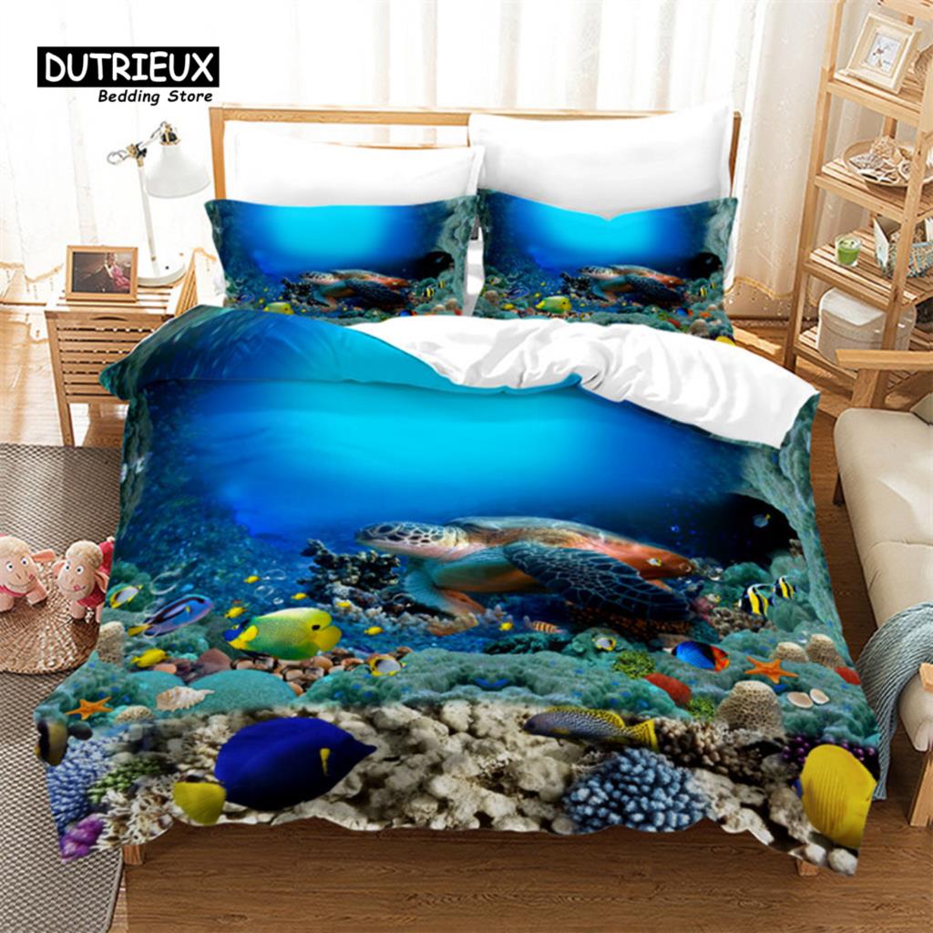 Fish Sea Turtle Duvet Cover Jellyfish Seashell Starfish Bedding Set Microfiber Marine Theme Quilt Cover Twin Full For Kids Adult