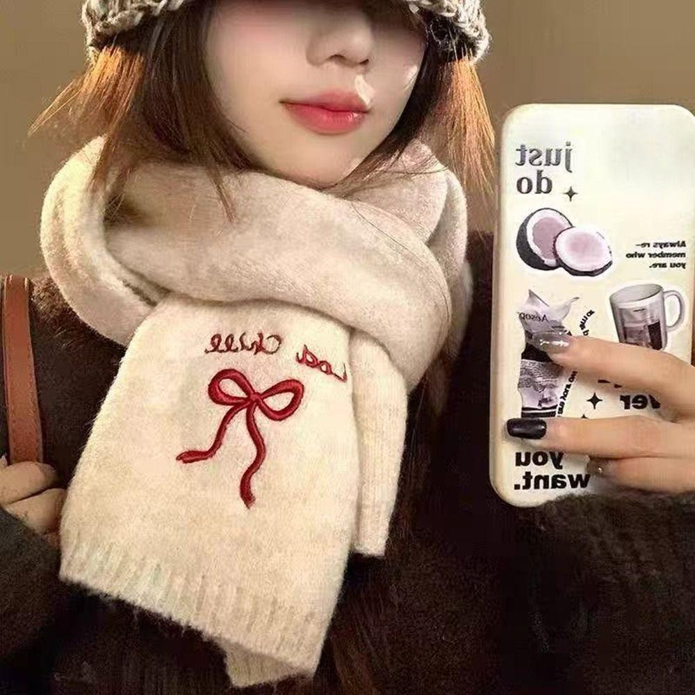 Bow Embroidered Neck Warmer Thicken Knitted Scarf Soft Shawl Outdoor