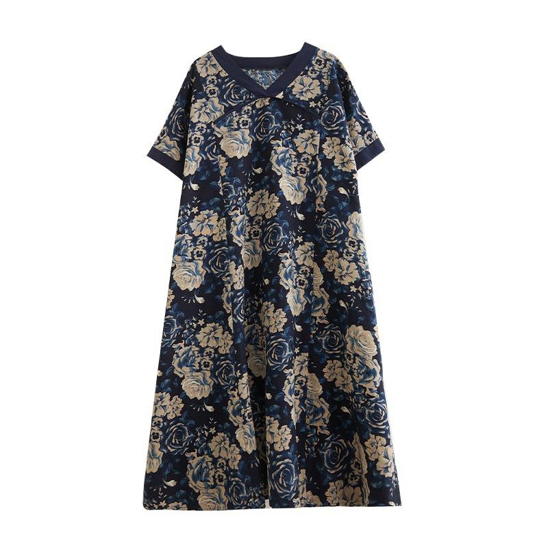 Летнее свободное платье большого размера в китайском стиле с V-образным вырезом, контрастное хлопковое льняное платье с короткими рукавами, утягивающее, средней длины, для женщин, платья