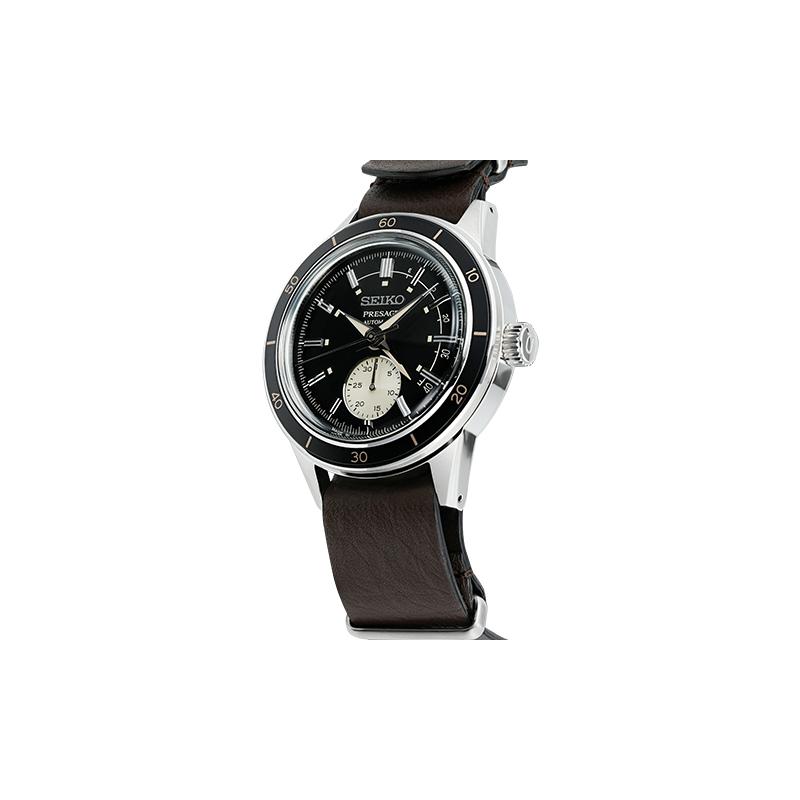 Seiko Серия Presage Базовая линия Стиль 60-х Ретро-стиль Механический механизм Кожаный ремешок Мужские часы Черный циферблат SSA451J1