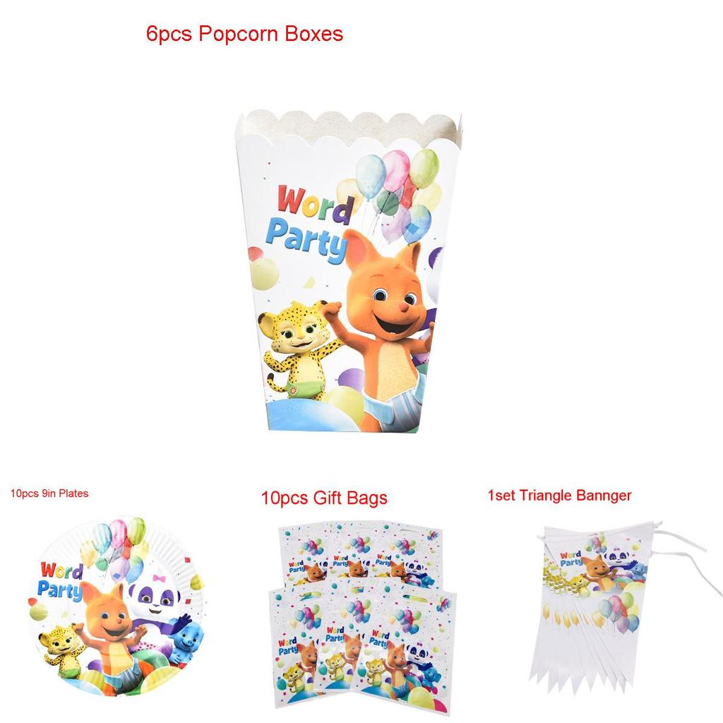 Полный набор праздничных принадлежностей в стиле «Слово-праздник» для веселого празднования детского дня рождения, включая тарелки, стаканы и топперы для торта