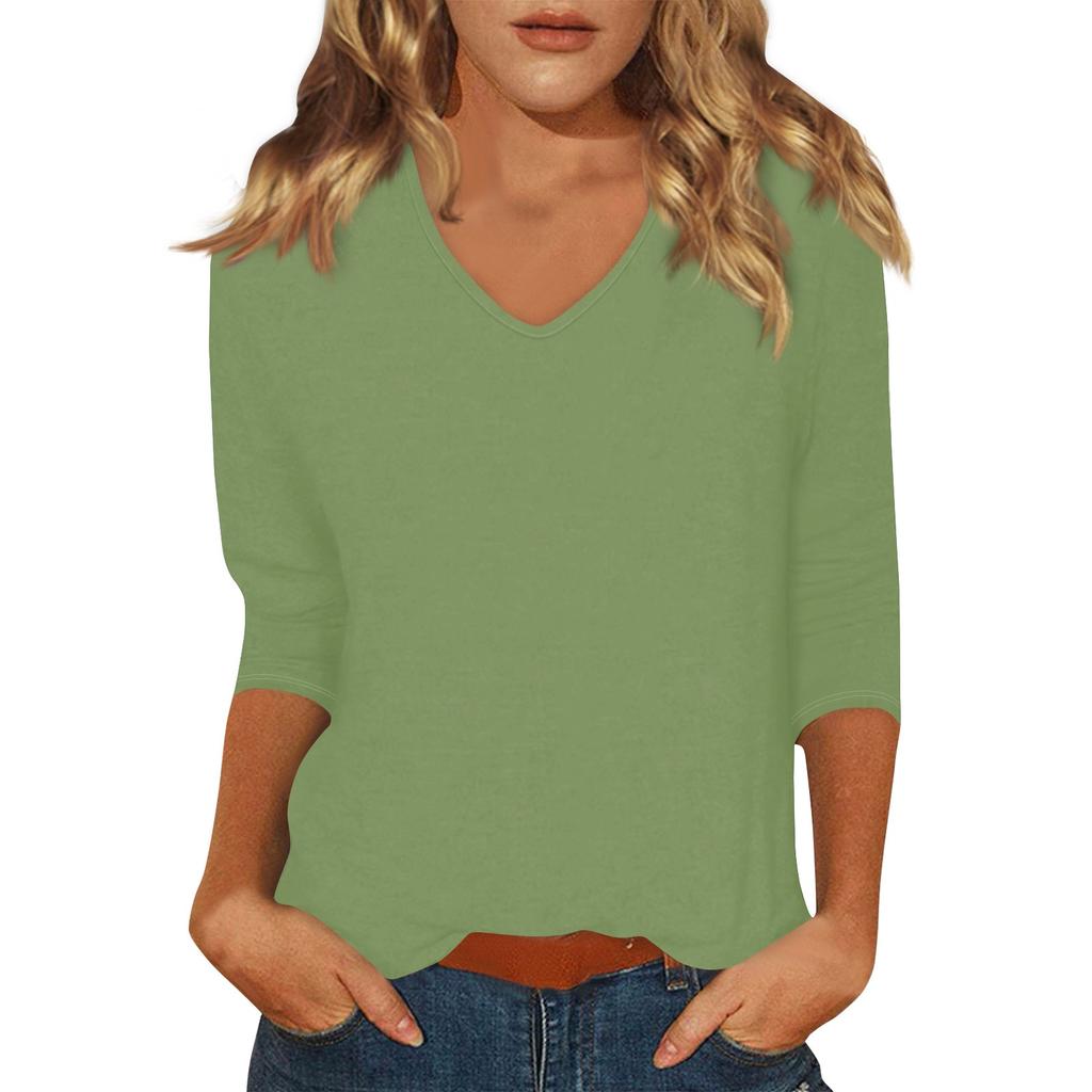 Женская мода на каждый день Повседневная футболка с v-образным вырезом и семиточечным рукавом с принтом Топ