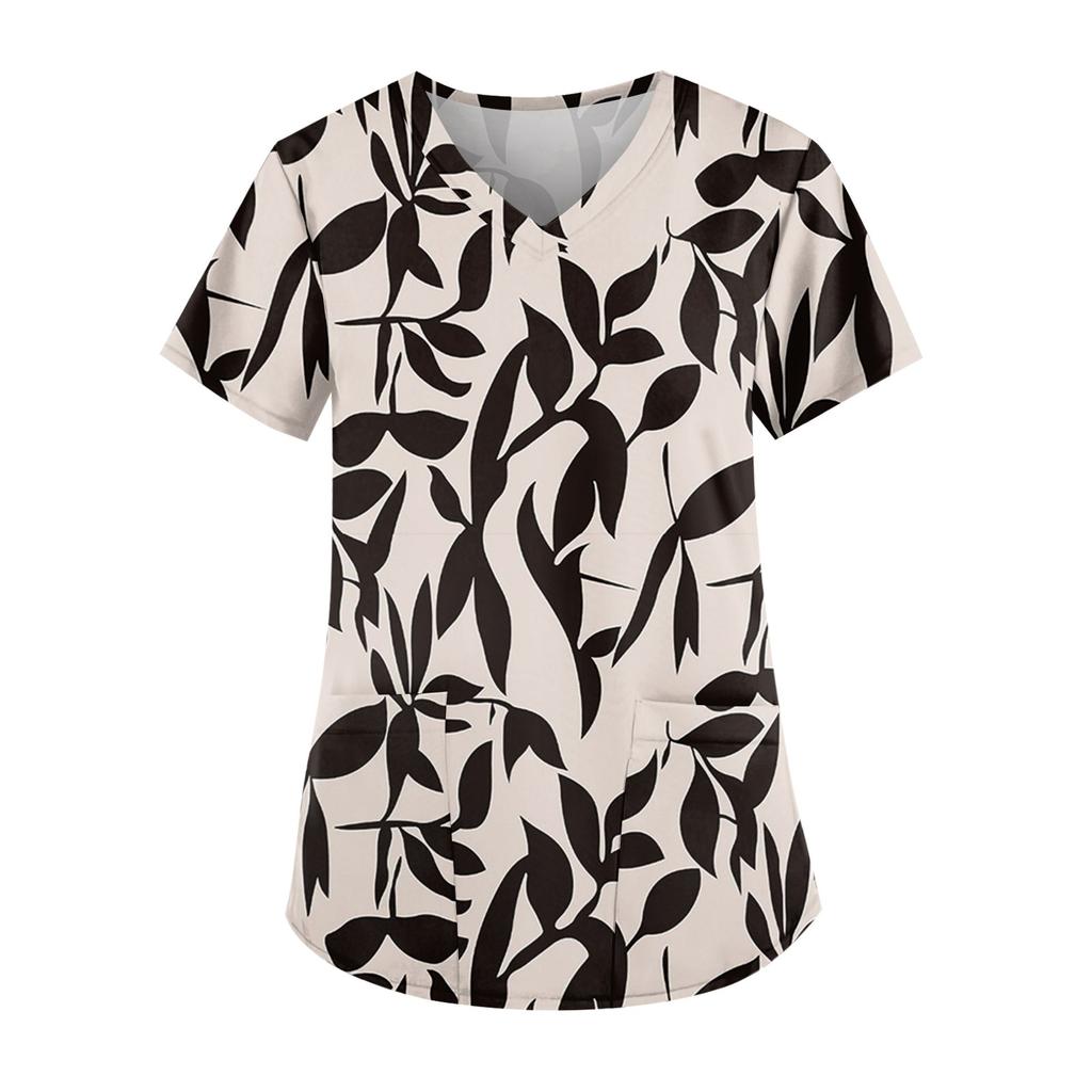 Рабочая форма больших размеров с принтом, топы для женщин, забавные футболки с v-образным вырезом и короткими рукавами, рабочая одежда, футболка с карманами