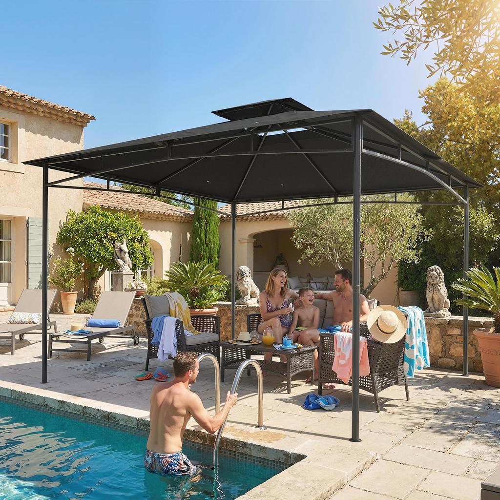 3 X 3 M Gazebo Garden Gazebo With 2 Tier Roof Metal Frame Dark Grey