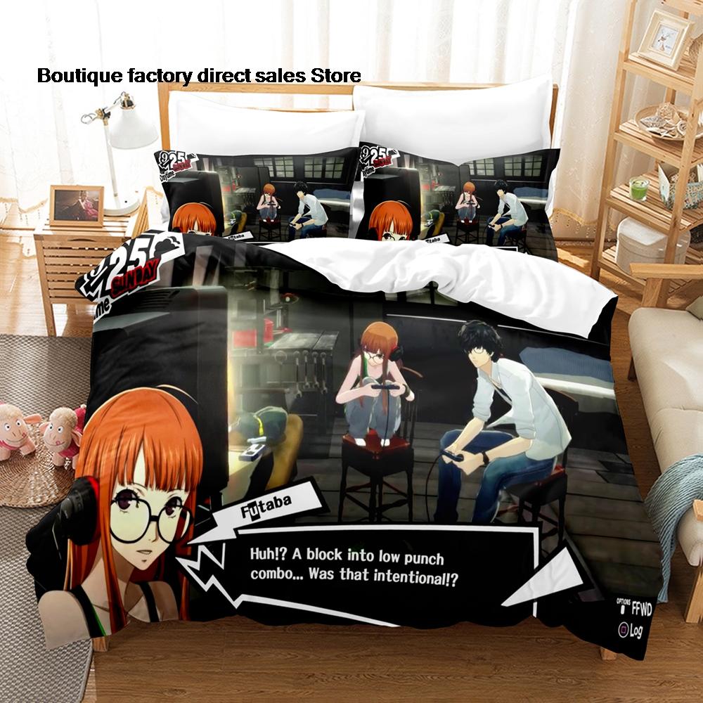 3D Печать Persona 5 Футаба Сакура Аниме Комплект постельного белья 3 шт. JRPG Манга Комплект пододеяльника с наволочками для Подростков Фанатов Декор Спальни