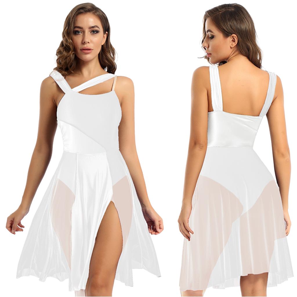 Women's Girls Ballet Lyrical Dance Asymmetrical Mesh Dress Ballerina Leotard Modern Contemporary Dance