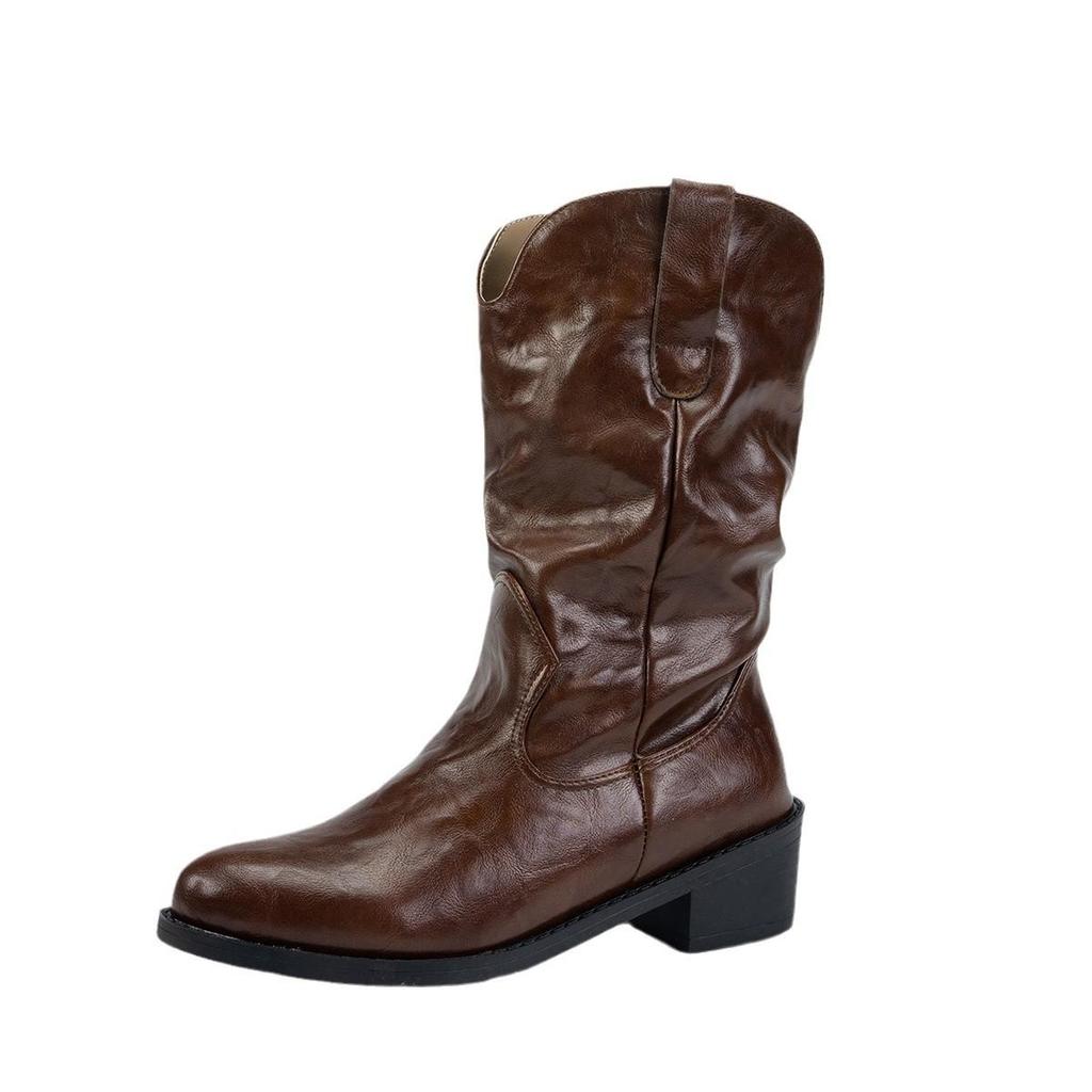 Осень-зима Большие размеры женские ПУ грубые каблуки Мартин сапоги средние удобные теплые остроносые рыцарские сапоги в стиле вестерн обувь 35-42