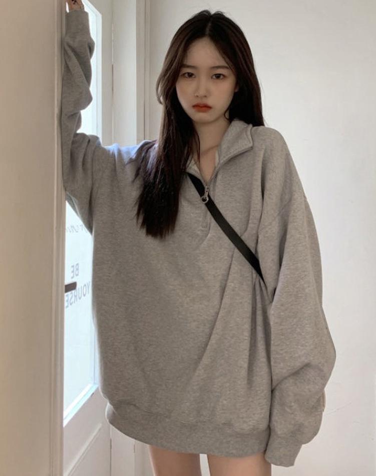 Повседневные толстовки большого размера, женские корейские корейские поло с воротником-поло, серые однотонные пуловеры, осенняя уличная одежда