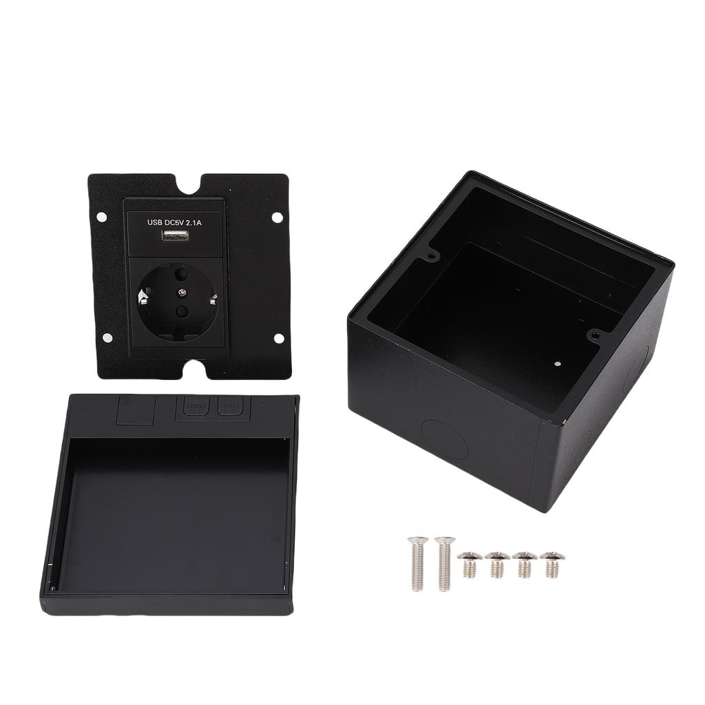 Recessed Floor Outlet Box Water Proof Stainless Steel Flat Kit with 2 Prong Hole USB Power Socket Black