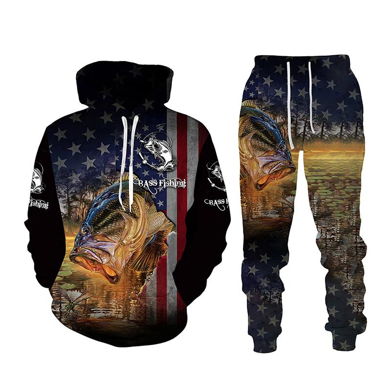 Весна-Осень с 3D принтом рыбы для мужчин и женщин толстовка + брюки комплекты из 2 предметов камуфляжная одежда для рыбалки, охоты и кемпинга модная спортивная одежда на открытом воздухе комплект