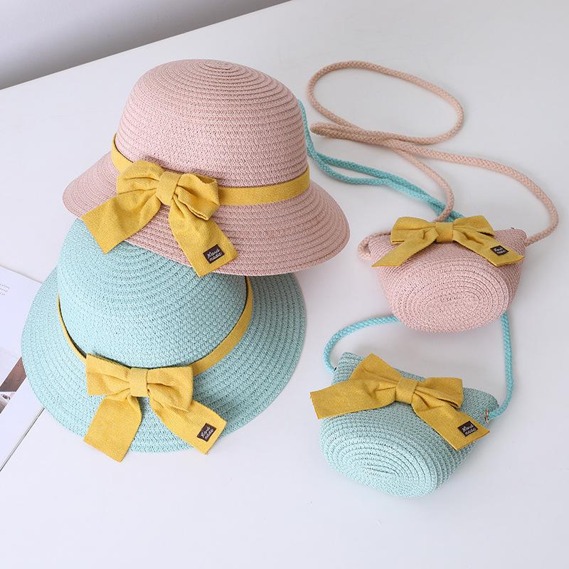 New Summer Baby Girls Straw Hat And Shoulder Bag 2pcs Set Parent-child Wide Brim Lace Holiday Beach Sun Hats Outdoor Bucket Cap