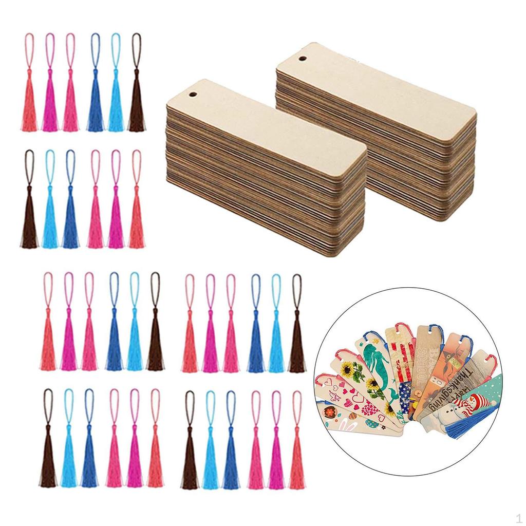 36x Wood Blank Bookmarks Set Sign with Holes and Colorful Tassels Book Marker Tags for Game
