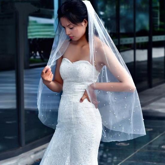 Свадебная фата с отделкой из искусственного жемчуга Женская легкая дышащая тюлевая фата невесты Легкая короткая свадебная фата