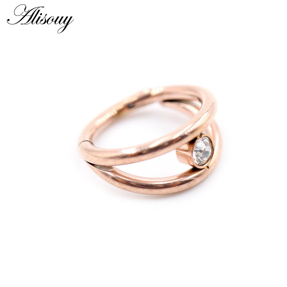 Alisouy 1pc Two Layers Zircon CZ Cartilage Earrings Stainless Steel Hinged Piercing Septum Clicker Nose Rings Hoop Segment Rings