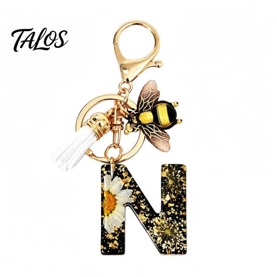 Talos Black Series Keychain Pendant, Dried Flower Initial Letter Charm Key Chain with Bee Tassel Design, A-Z Holder for Bag Purse Backpack