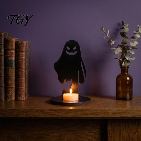 Unique Housewarming Gift Halloween Wooden Shadow Candle Holder, Scarecrow Bat Black Cat Ghost Silhouette Durable Garden Patio Decor Candlestick,