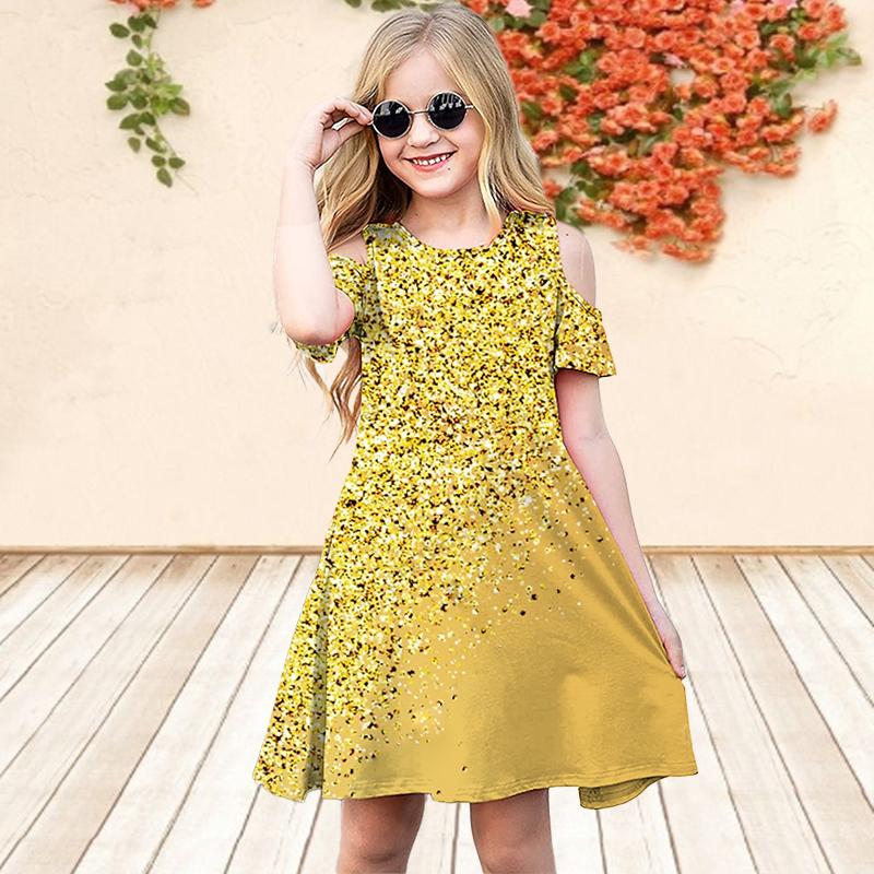 Girls Floral Gold Sequins Print Dresses Kids Girl Party Off Shoulder Dress Princess Dress Short Sleeved Dress Over Four Years Old