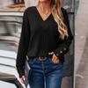 Women's Fashion Long Sleeve V-Neck T-Shirt Solid Color Button Decoration Top