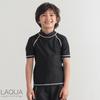 Laqua Kids' School Swimsuit Rash Guard, Solid Color, Short Sleeve, Pull-Over, 150cm, Black, RD Stitching, GN5508, for Girls and Boys