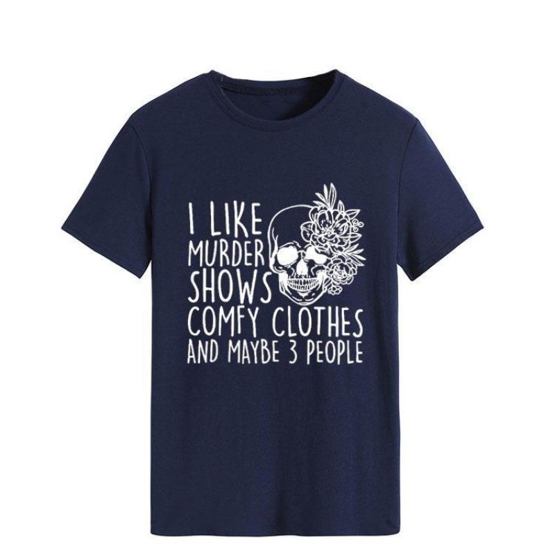 Hooded Simple Round Neck Top T-shirt I LIKE MURDER Printed Loose Round Neck Pure Cotton Short Sleeved Shirt T-Shirts Women’s