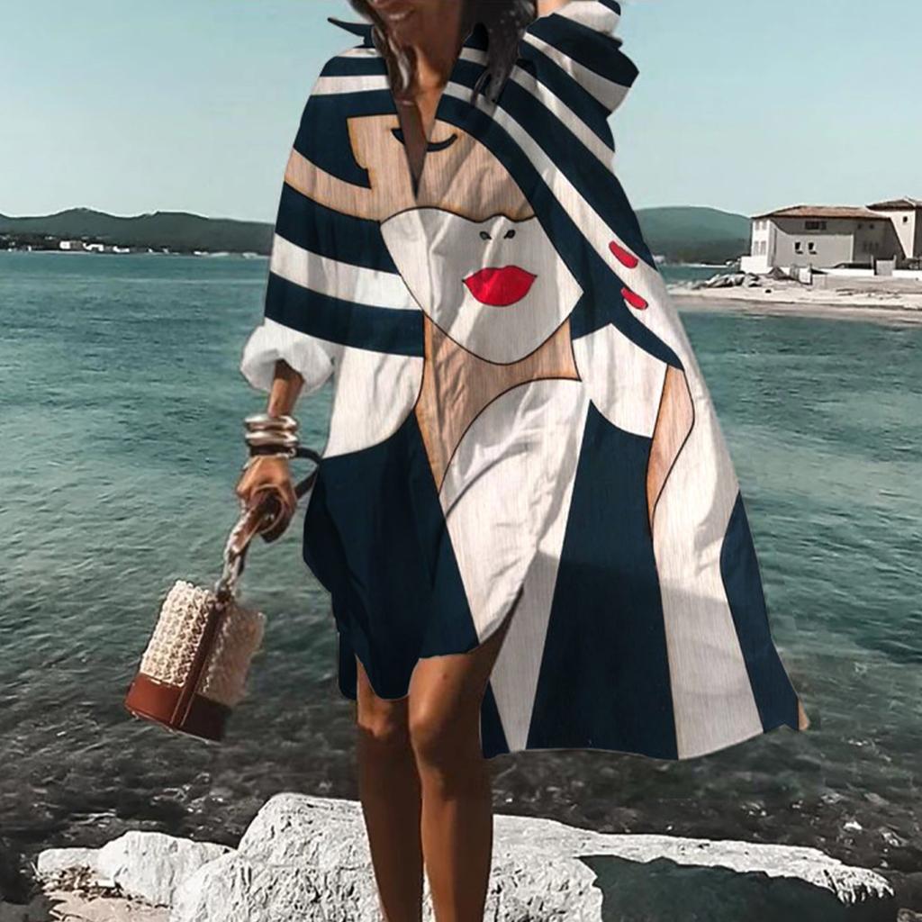 Women Summer Bohemian Dress Casual Print Shirt Dress For Women Fashion Long Sleeve Beach Hawaiian Cover Ups Dresses Clubwear Button Down