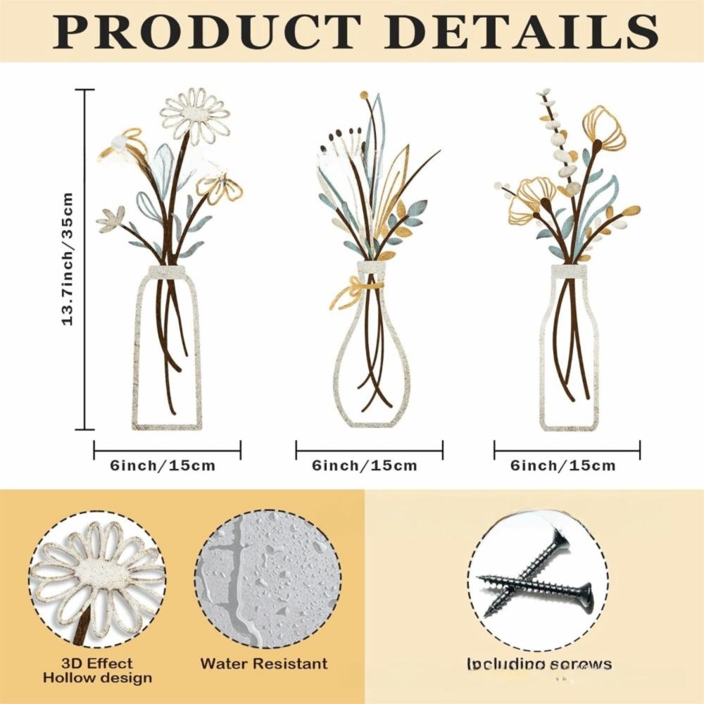 3 Pieces Set Metal Material Metal Flowers Wall Art 3D Boho Farmhouse Floral Decor Vase Design 3D Flower Vase Living Room