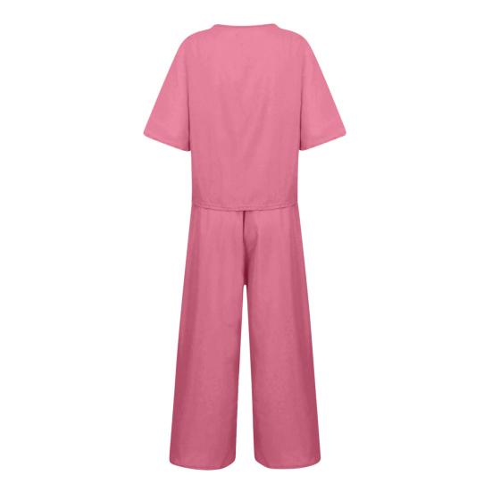 Women Top Pants Set Round Neck Solid Color Short Sleeves T-shirt Adjustable Waist Wide