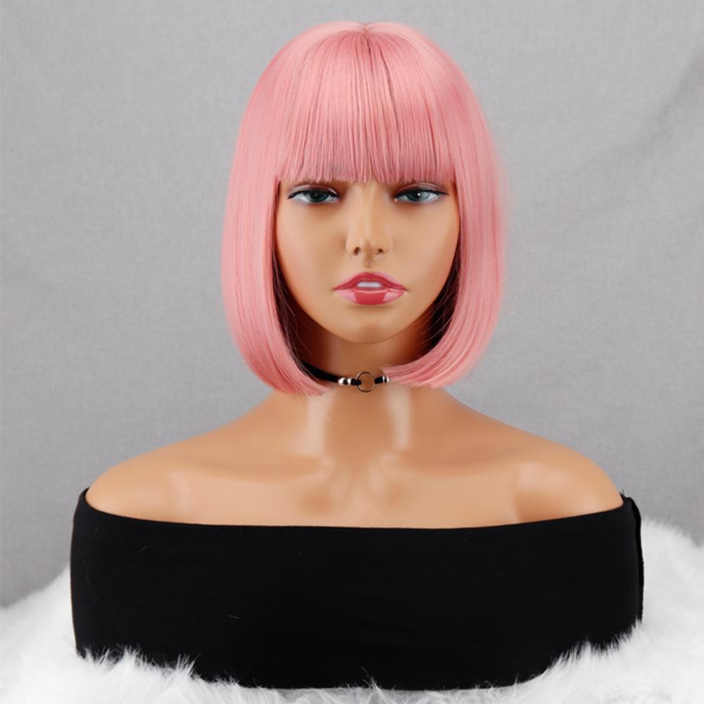 MISS WIG Короткий прямой парик боб с челкой, парики из синтетического высокотемпературного волокна для женщин, розовый цвет, повседневный парик