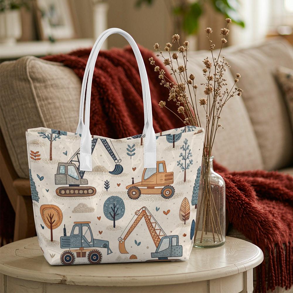 Cute Construction Vehicle Pattern Tote Bag Portable Daily Use Shoulder Bag For Outdoor Shopping Commute