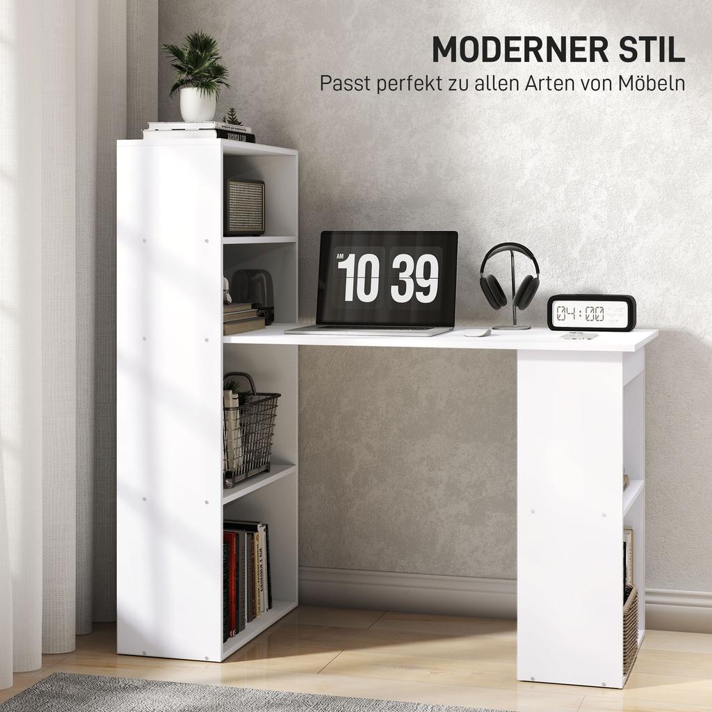Desk Office Table Computer Desk, 2 Shelves, 5 Shelf Boards, 120 cm x 55 cm x 120 cm, White