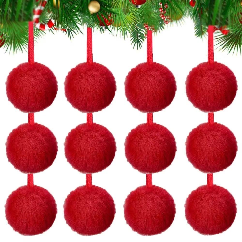 12Pcs Faux Fur Fluffy Ball Hanging Ornament Solid Color Hanging Tree Decor  Christmas Ornament