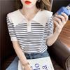 Summer Striped Knitted Short Sleeve Shirt Sailor Collar Slim Fitting Chic Top Casual Versatile Comfortable Pullover