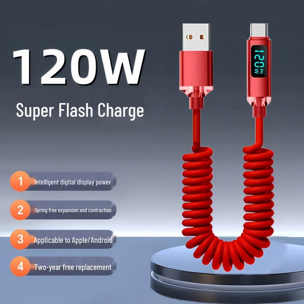 Весенний USB-кабель для быстрой зарядки 120 Вт для устройств Apple, Huawei, Honor, Type-C.