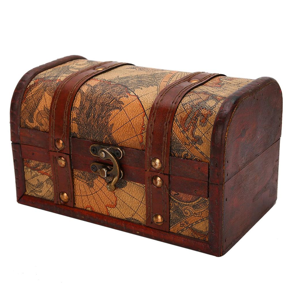 Vintage Wood Box Jewelry Storage Case Handmade Treasure Chest (Map)