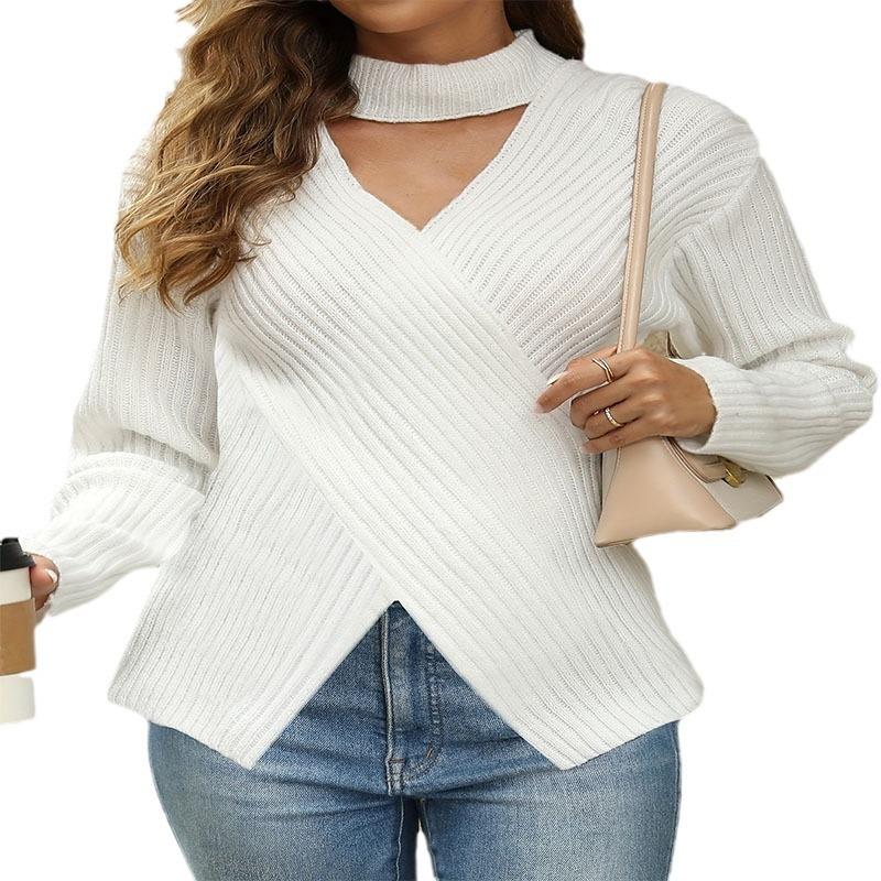Осенне-зимняя женская висящая горловина с V-образным вырезом, топы, перекрещивающиеся однотонные трикотажные изделия