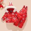 Children's Baby In Winter Plus Velvet Warm Down Jacket Suit Outdoor Windproof Suit Connecting Hooded Top+pants 2 -piece Set