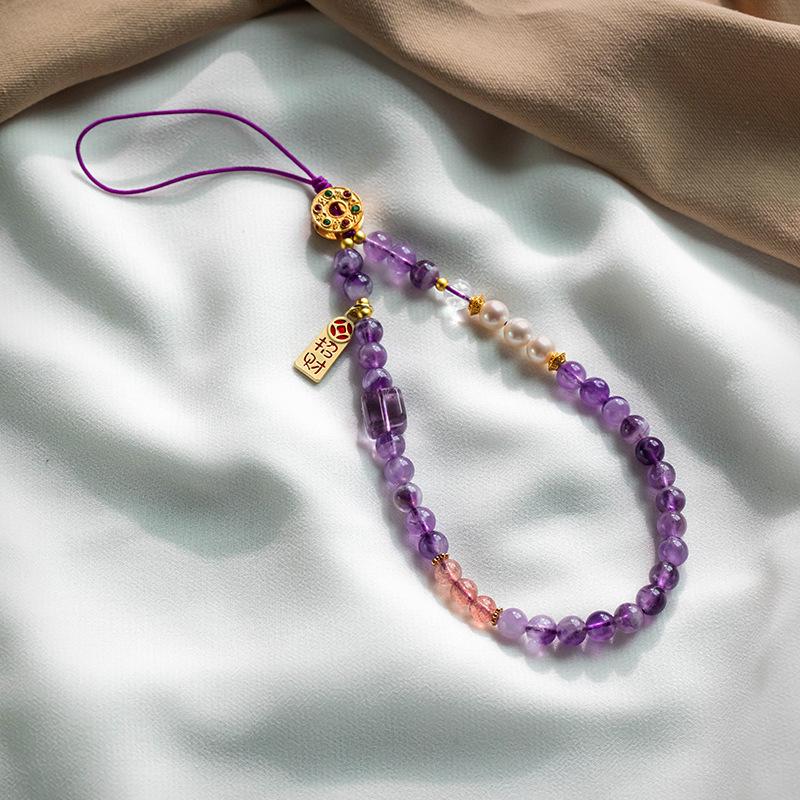 Amethyst wrist phone chain for women, beaded phone pendant, exquisite accessory, short style, high-end feel phone strap