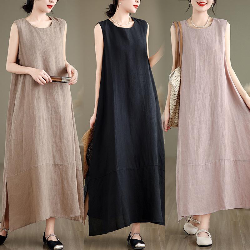 Summer New Loose A-shaped Big Swing Vest Skirt Women's Versatile Round Neck Sleeveless Solid Color Cotton and Linen Dress