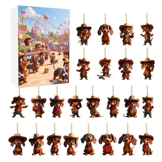 Календарь ожидания Рождества с собакой таксой 2025 24 дня Календарь обратного отсчета до Рождества с 2D акриловыми подвесными украшениями в виде таксы для декора елки
