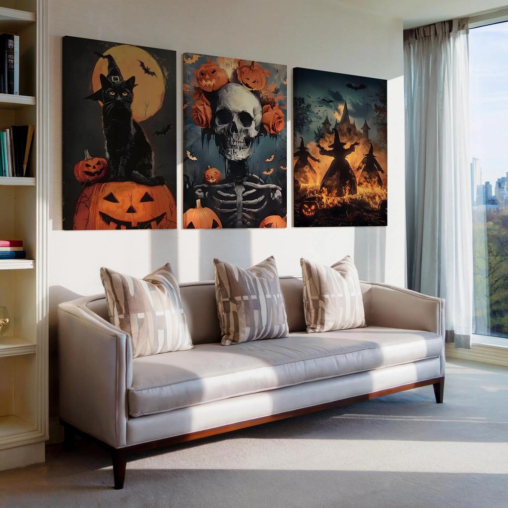 3Pcs Spooky Halloween Wall Art,Canvas Prints,Dark Moody Fall Season Wall Arts,Farmhouse Home Decor Halloween Holiday Party Gifts