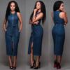 Женское сексуальное облегающее джинсовое платье без рукавов с передним карманом на молнии и разрезом