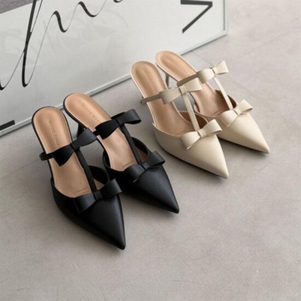 MelTing Brown Women Double Ribbon T sTrap Mule Heel 2color