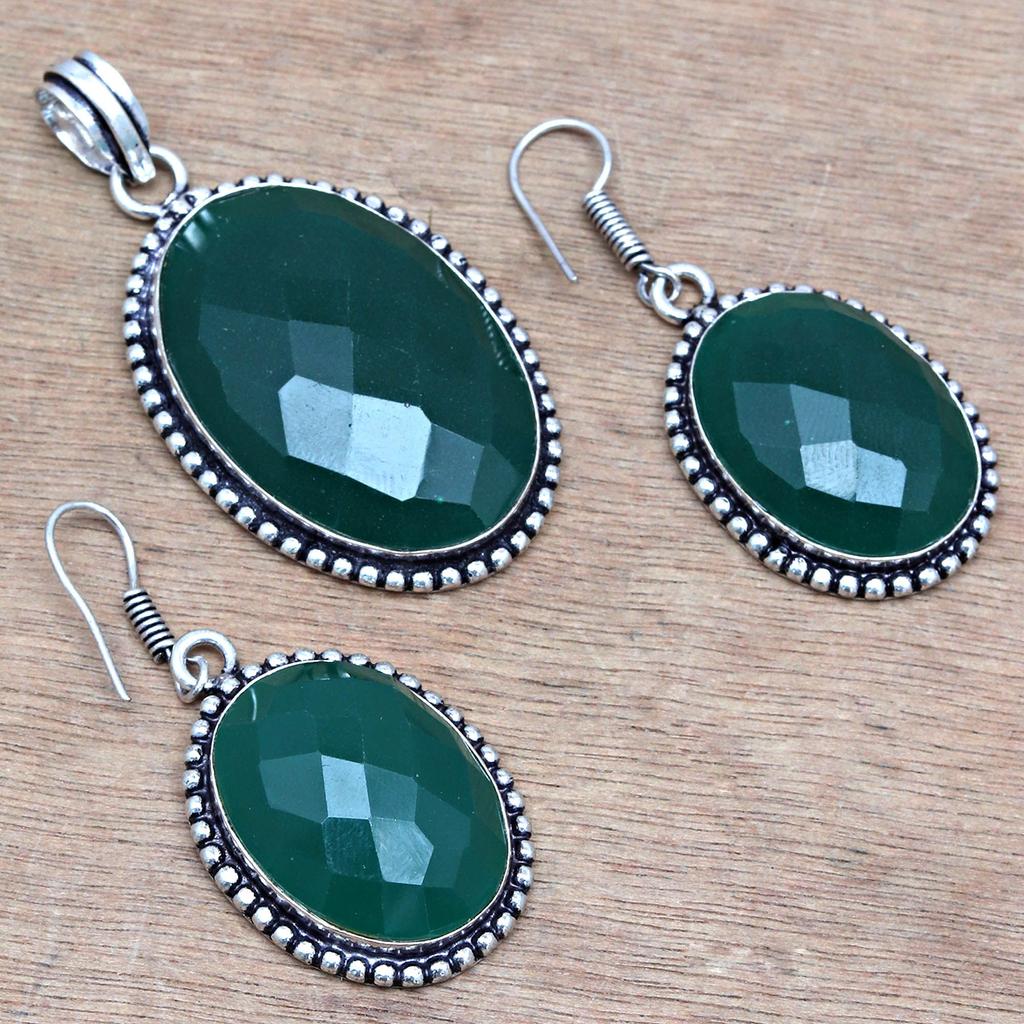 Onyx Green Pendant Set Earrings Jewelry Gemstone Handmade Ethnic