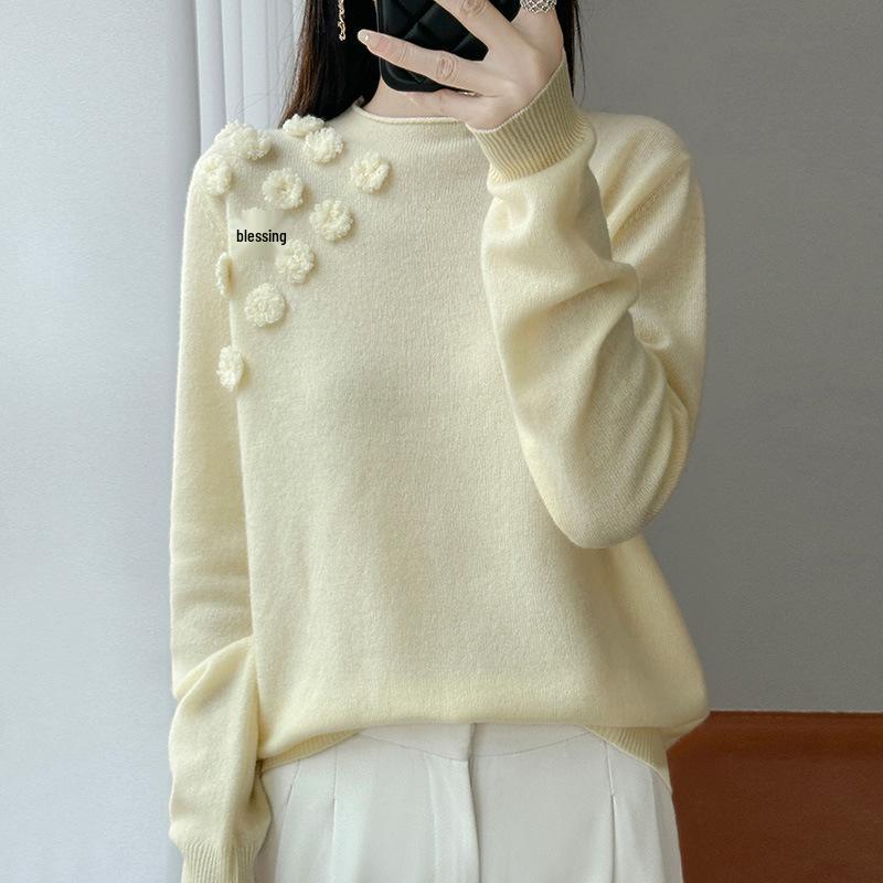 Women's Handmade Pure Wool Sweater - Soft, Fluffy, Versatile with Half-High Collar for Autumn and Winter