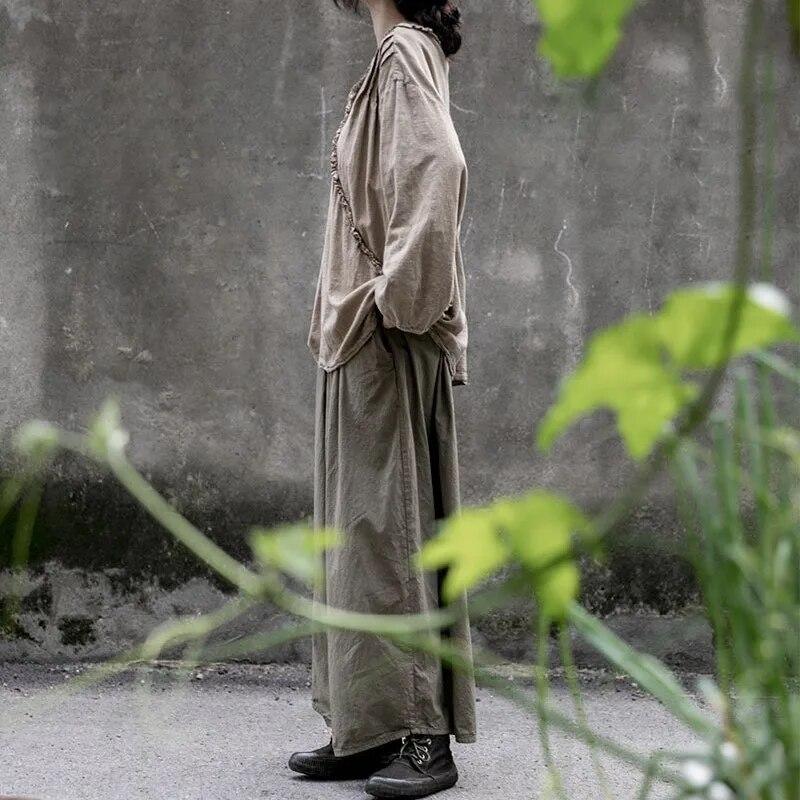 Johnature Women Vintage Patchwork V-Neck T-Shirts Long Sleeve Solid Color Autumn Tees Loose Cotton Linen Women T-Shirts