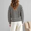 Womens V-Neck Striped Knit Cardigan With Single Button Loose Fit Cashmere Blend Sweater Short Length Long Sleeve