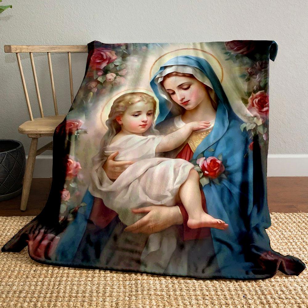 Virgin Mary Baby Jesus Roses Blanket  Printed Blanket for Living Room Bed Couch lunch break Soft Cozy Blanket for Friend's festival Gift