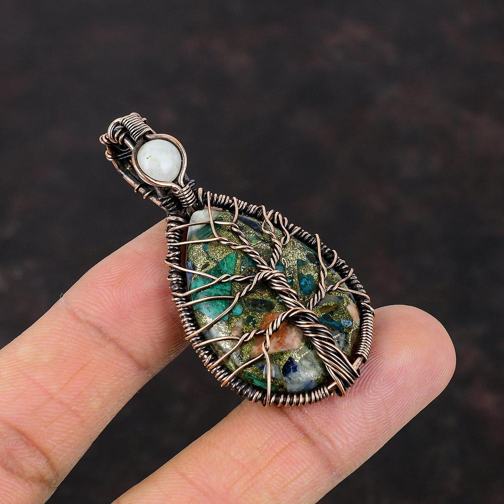 Древо Жизни Медный Кулон с Мульти-Бирюзой, Кулон с Радужным Лунным Камнем, Кулон из Драгоценного Камня, Обмотанный Медной Проволокой, Медный Ювелирный Кулон для Подарка